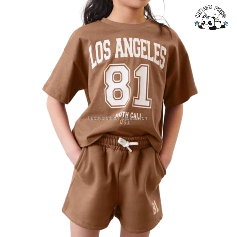 LEZONKIDS - Conjunto de Roupas Femininas Casuais de Verão Esportivas Impressas para Crianças com Camiseta de Manga Curta e Shorts Personalizáveis de Novo Lançamento
